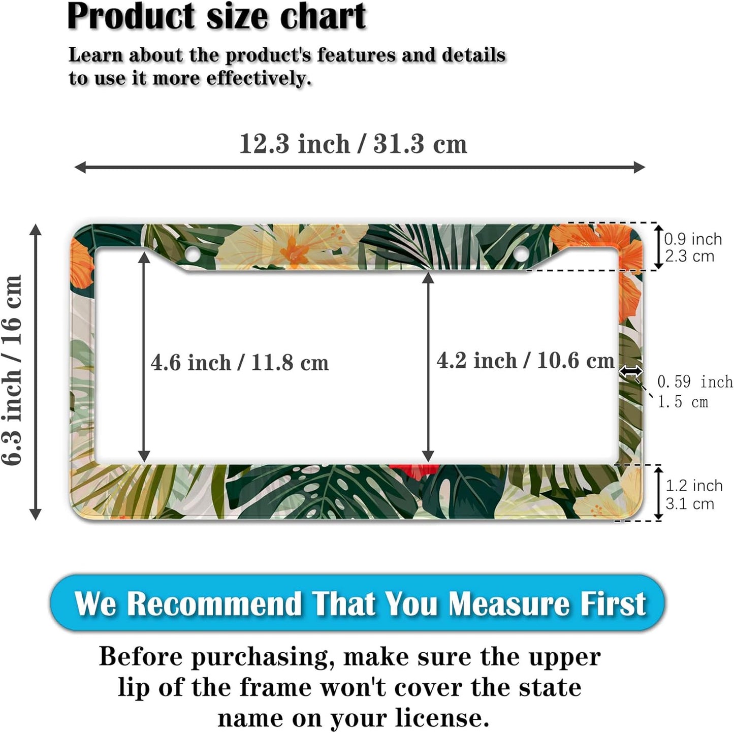 Car Plate Frames Multicolor License Plate Protector Hawaiian Retro Tropical Palm Leaves Universal Aluminum Car Accessory 2 Pack with Screw Covers Set