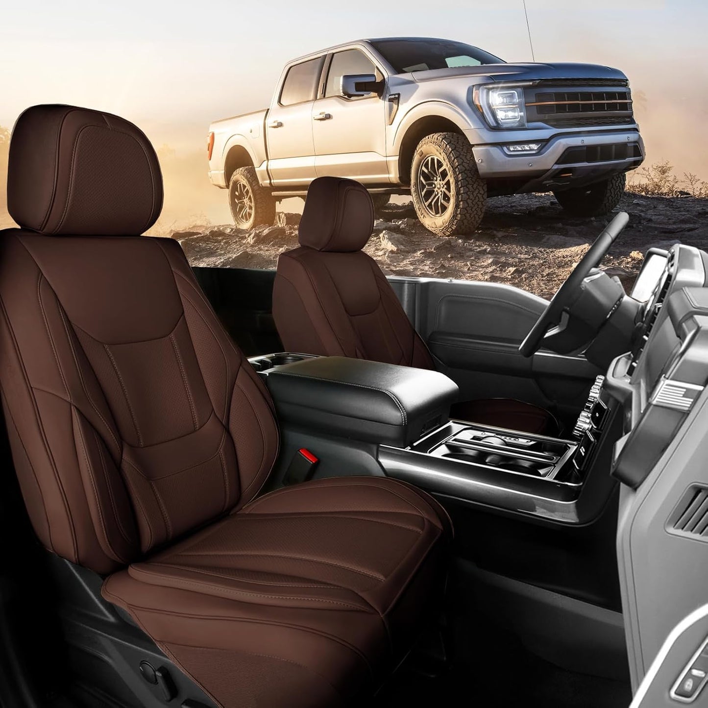 Coverland Custom Car Seat Covers Compatible with Silverado 2500HD, Maverick, Frontier - Premium Leather Non-Slip Memory Foam Waterproof Protector Front Seat-Dark Brown [See Size Chart-Size A40]