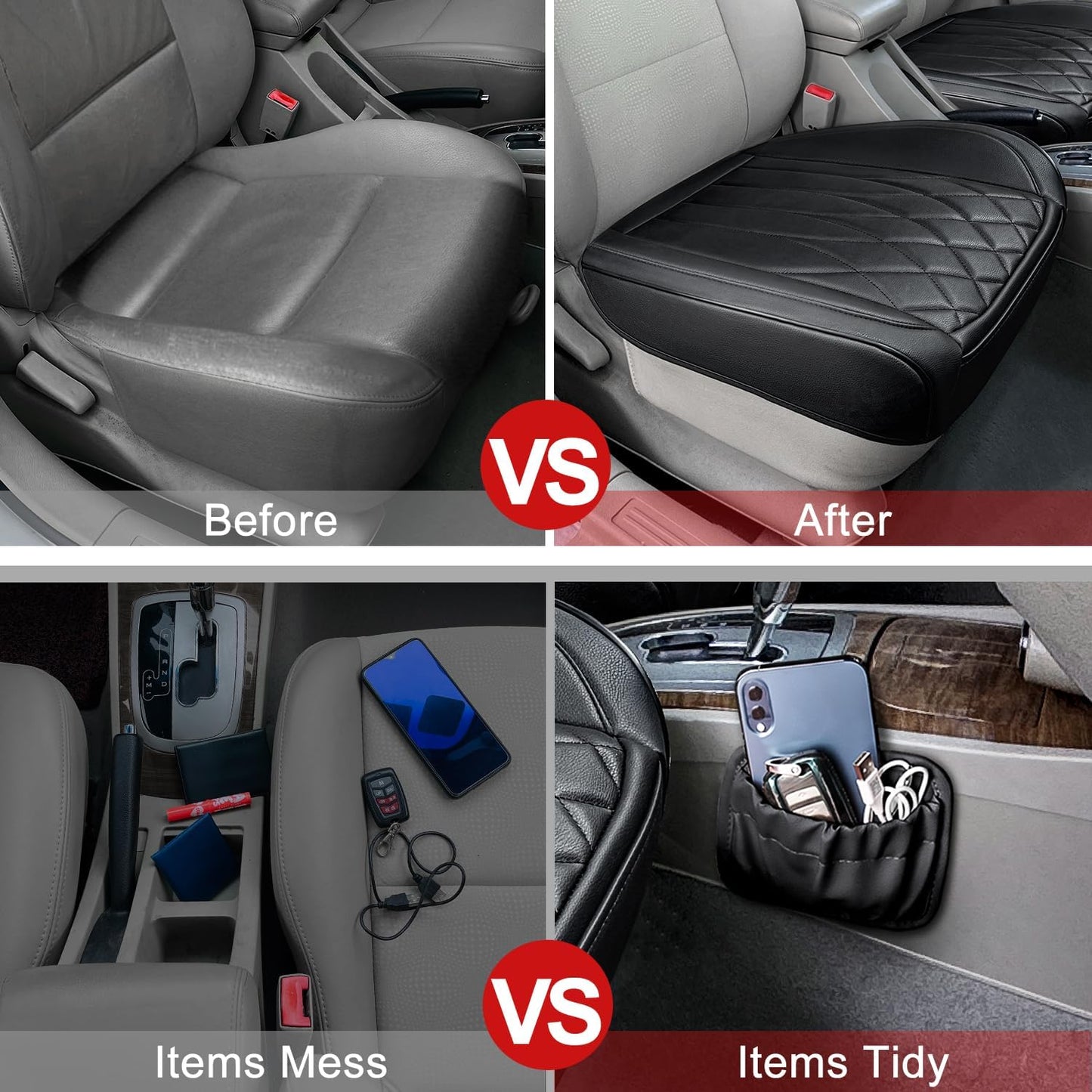 2 Pack Leather Front Car Seat Cover Bottom Car Seat, Universal Anti-Slip Driver Car Seat Protectors with Storage Pocket, Waterproof Bottom Auto Seat Cushion Pad Mat for Most Vehicles(Black)