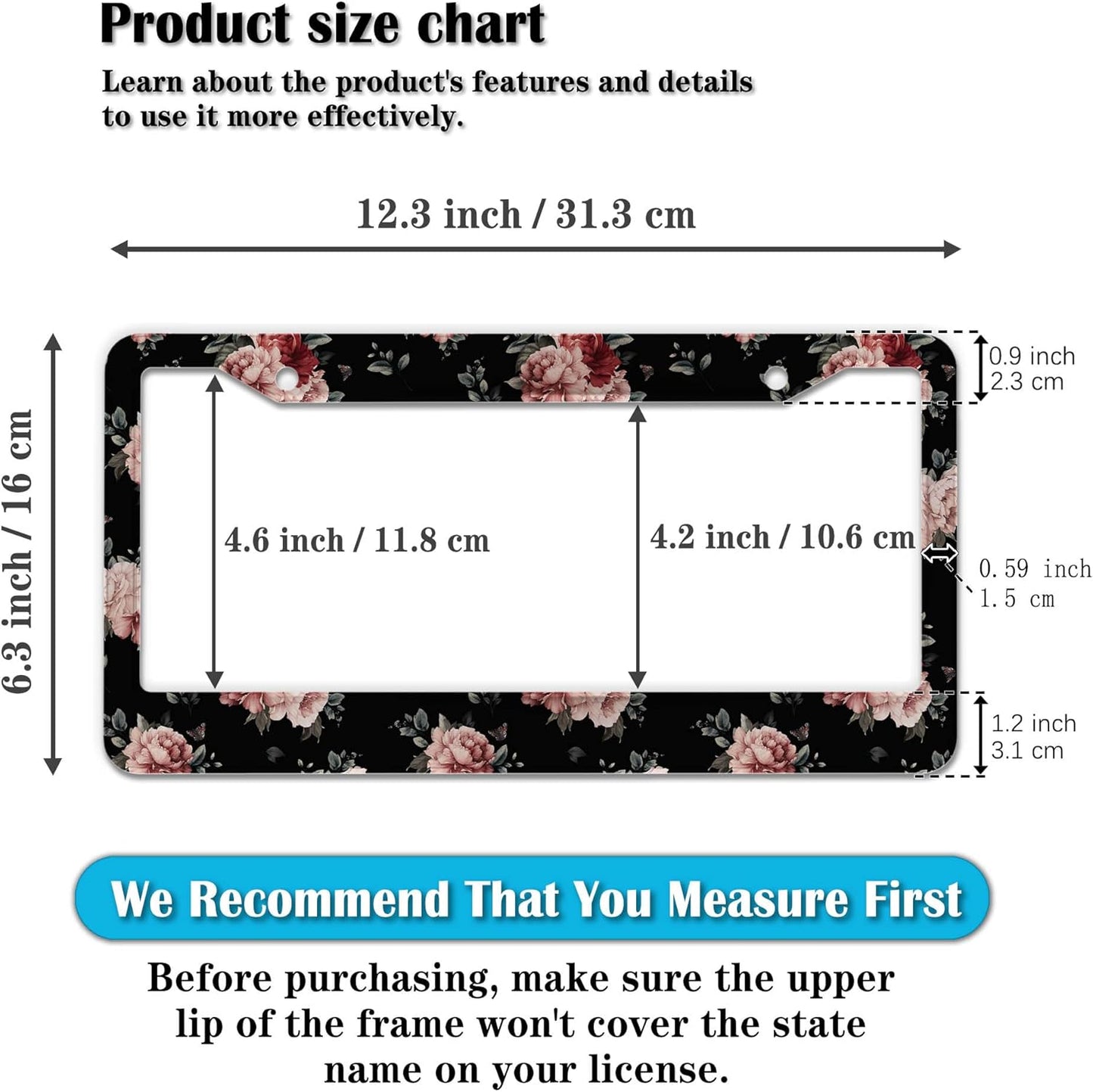 Fun License Plate Frame Protector License Plate Frames for Women Pink and Cream Dark Floral Universal Aluminum Car Accessory 2 Pack with Screw Covers Set