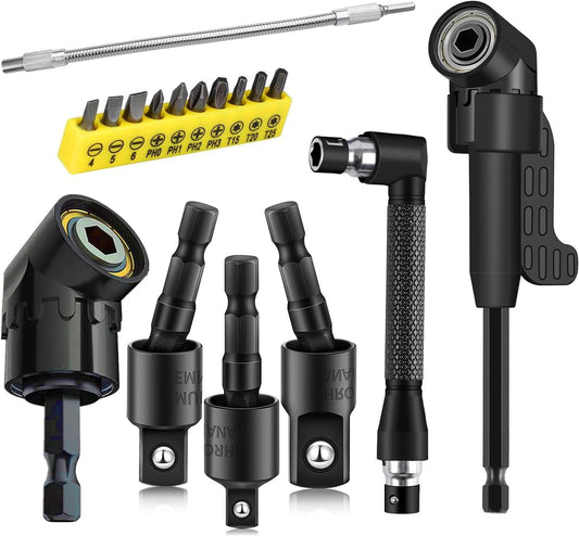 17Pcs Tools Flexible Drill Bit Extension,Include 3Pcs Rotatable Socket Adapter 2Pcs Hex Shank 105° Right Angle Drill Attachment 10 Short Screwdriver Bits 90° Angled Bits & Bendable Drill Bit Extension