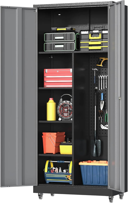 Metal Garage Storage Cabinet with 2 Doors, Adjustable Rolling Tool Storage Cabinet with Lock, 71" Steel Locking Tool Cabinet with Wheels and Shelves for Garage, Warehouse(Black&Gray, 71" H)