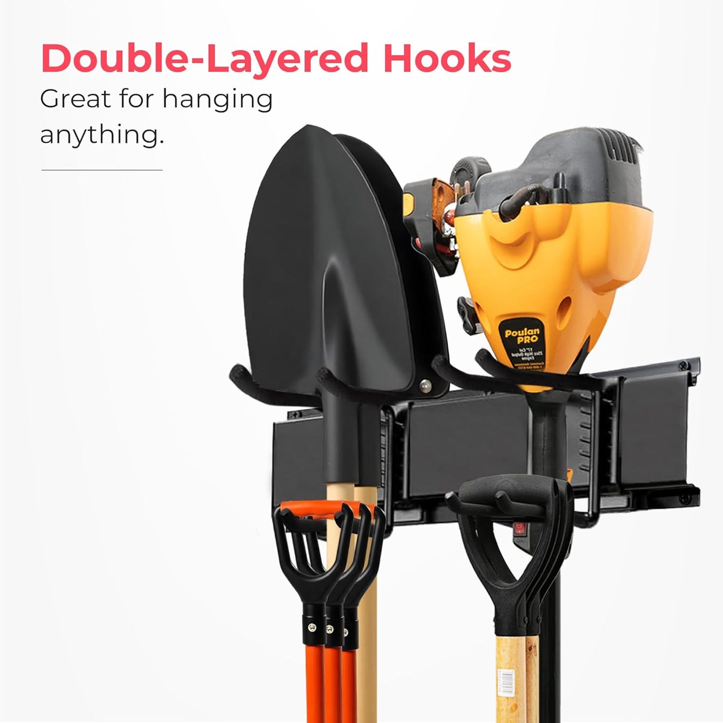 Heavy-Duty Garage Wall Storage System | Wall Mounted Tool Organizer Rack with Shelving | 10-Piece Mounting Kit | Includes 4x10” Double-Layered Hooks & 2x16.5” Floating Utility Shelves