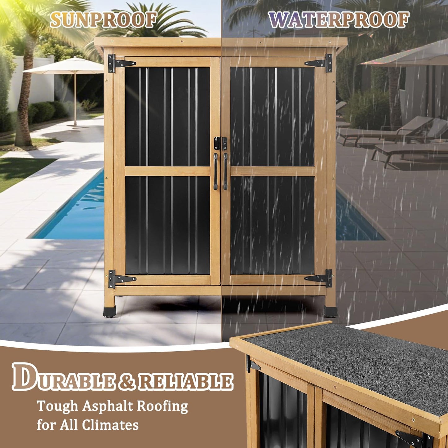 Weatherproof Outdoor Storage Cabinet with Lockable Doors, Wood & Metal Garden Storage Shed Patio Storage Box for Tools & Lawn Equipment, Pool Accessories