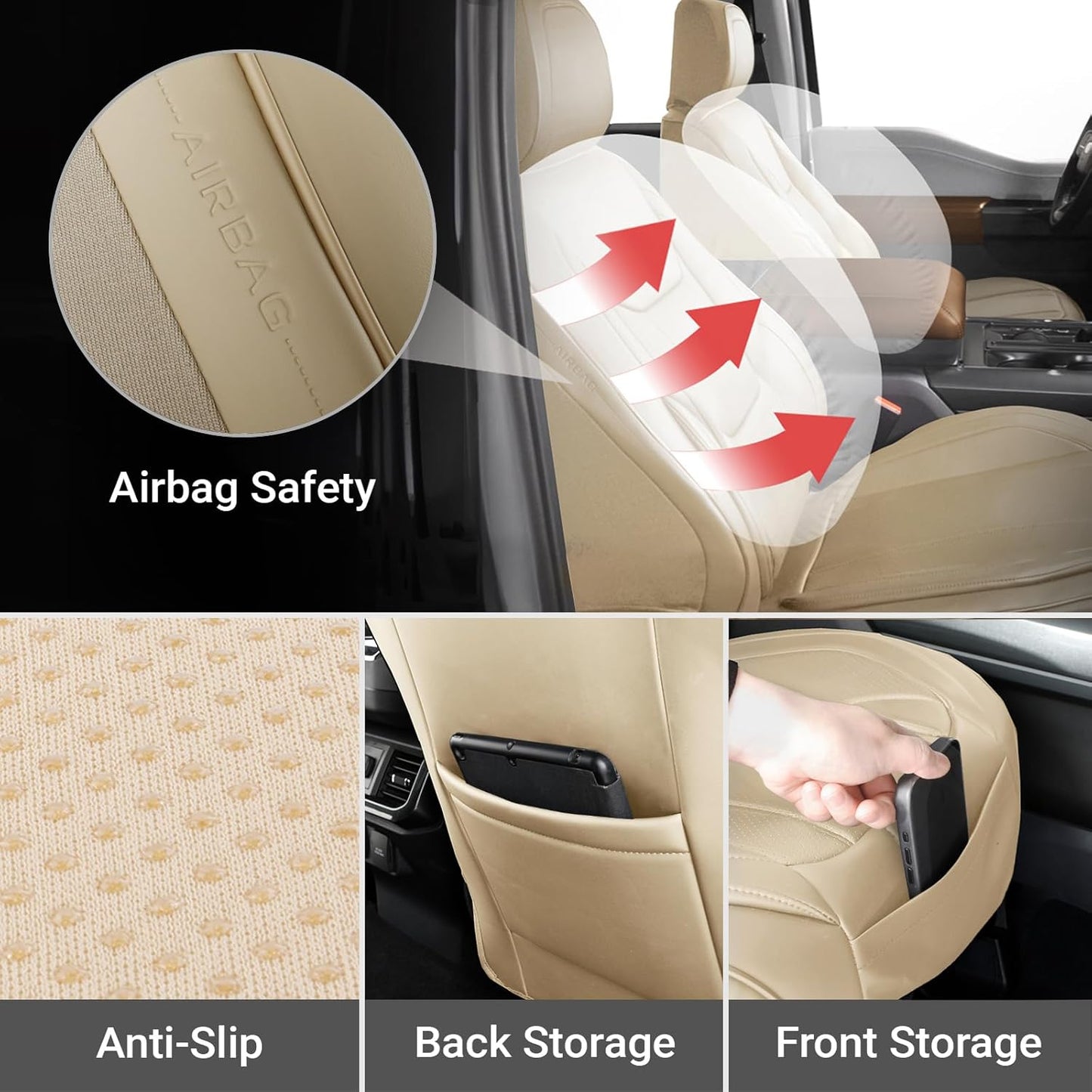 Coverland Custom Car Seat Covers Compatible with Tacoma, F150, F250, F350, Ram 1500, Silverado 1500 - Premium Leather Non-Slip Waterproof Interior Front Seat-Beige [See Size Chart-Size A10]