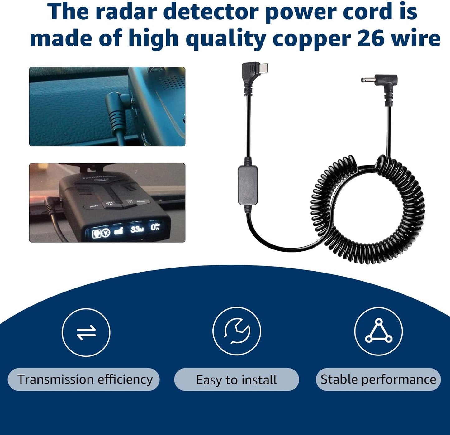 USB-C to DC3.5 Plug Radar Detector Power Cable,Type C 5V-12V Power Cord Compatible with Cobra RAD 480i, 350, 380, Uniden DFR1, DFR3, DFR5, Whistler, & Radenso Radar Detectors (8.2FT Length)
