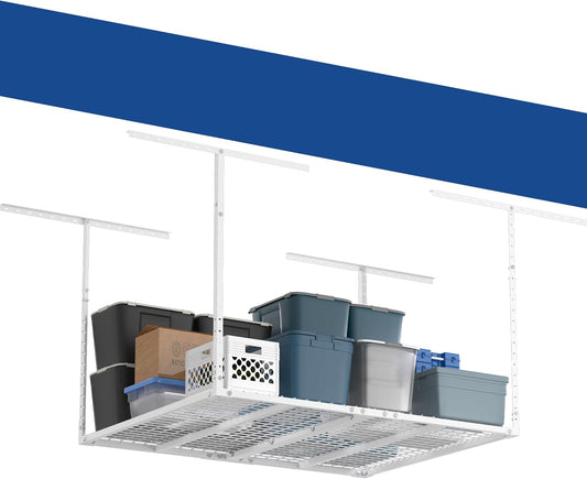GIOTORENT 3x4FT Heavy Duty Overhead Garage Storage Rack - Adjustable Ceiling Shelving with 450lbs Weight Capacity, Metal Garage Organization System, White