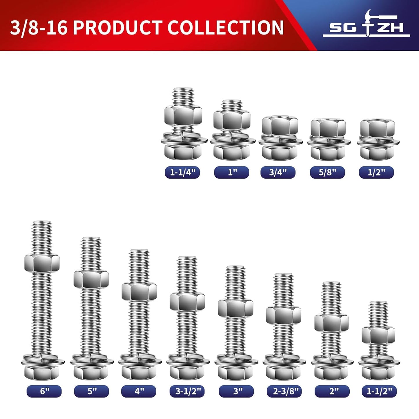 3/8-16 x 4" Hex Head Screw Bolt, Nuts, Flat & Lock Washers, 20Pcs 18-8 (304) Stainless Steel, Fully Threaded, by SG TZH