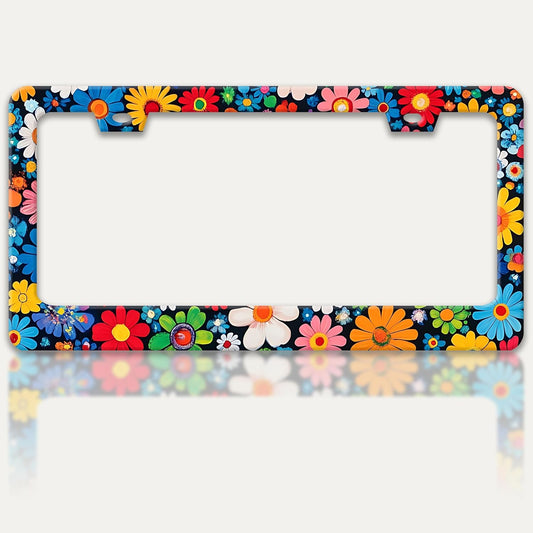 Colorful Flowers Print License Plate Frame Beautiful Floral License Plate Holders Funny Stainless Steel Auto Accessory Bracket 2 Hole with Screws Universal Us Car License Plate Frames 6x12 Inch