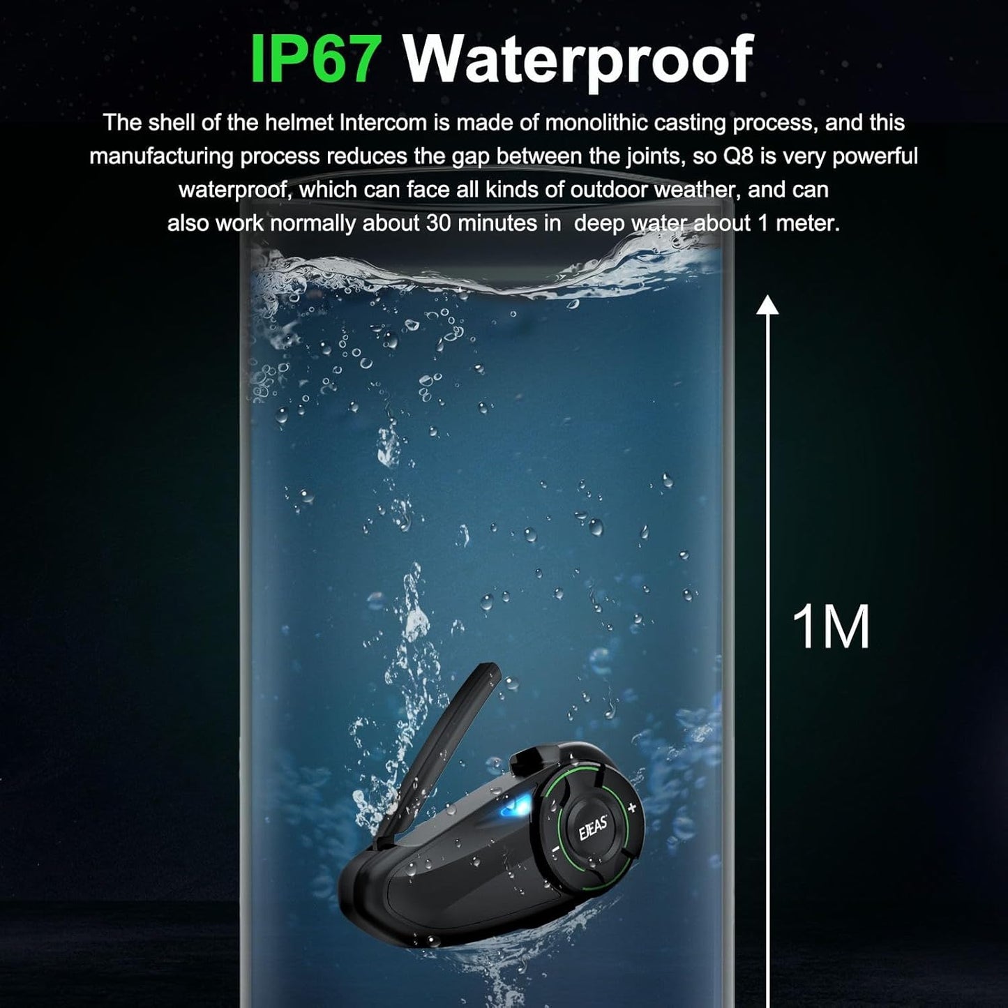 EJEAS Q8 2PC Motorcycle Bluetooth Headset, Upgraded Mesh 3.0 Intercom System with Music Sharing and IP67 Waterproof for 6 Riders Group Talking