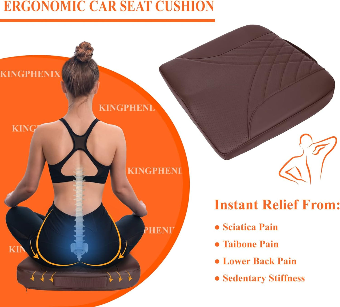 kingphenix Premium Car Seat Cushion, Memory Foam Driver Seat Cushion to Improve Driving View- Coccyx & Lower Back Pain Relief- Seat Cushion for Car, Truck, Office Chair (Brown)