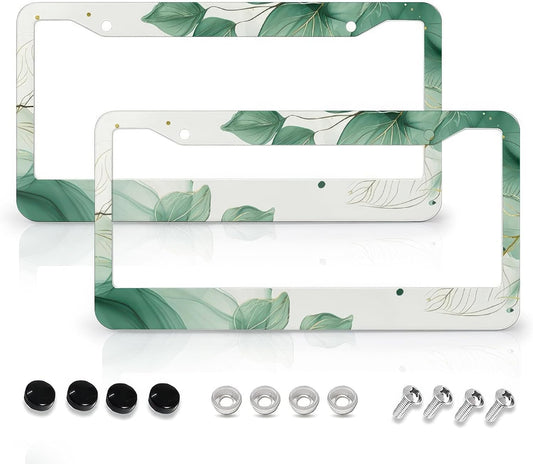 Watercolor Green Palm Leaves License Plate Frames - 2 Pcs Set 2 Holes Metal Aluminum Auto Car Accessories Decoration License Plate Frame 12.2 x 6.3 inch for Women Men Gift