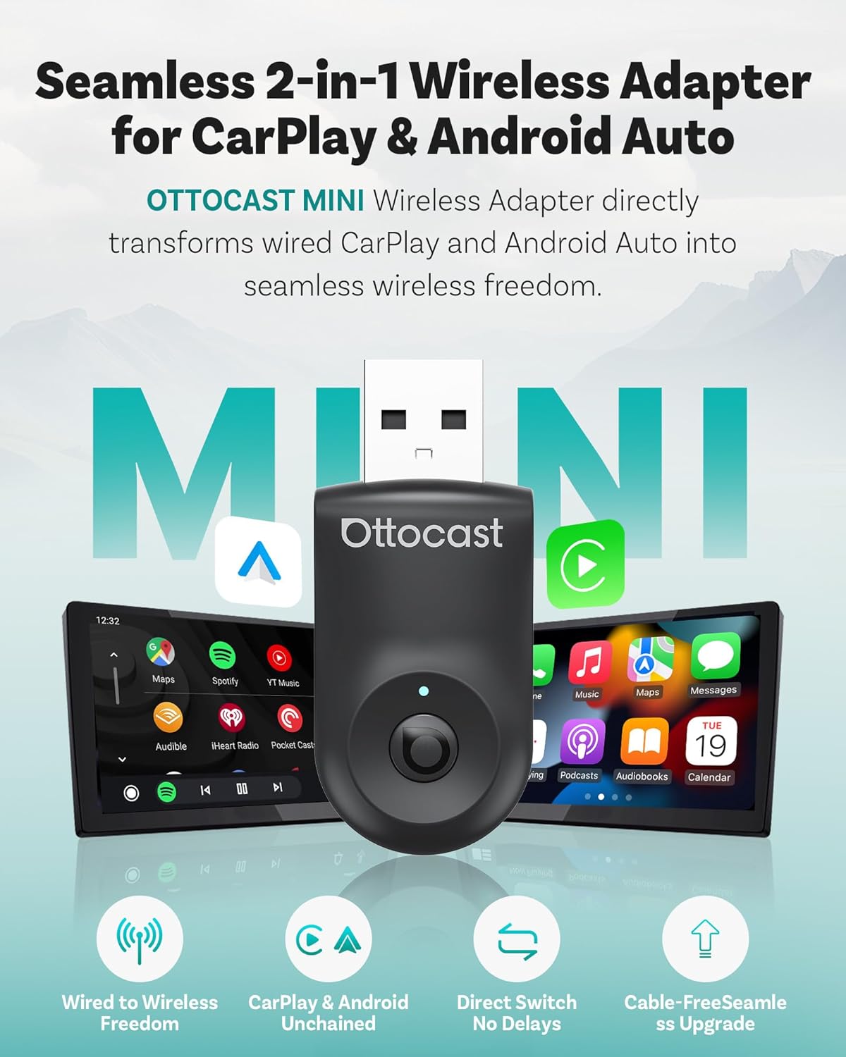OTTOCAST Mini 2025-2-in-1 Wireless CarPlay/Android Auto Adapter, 5GHz WiFi, Auto Connect for 2016+ Cars