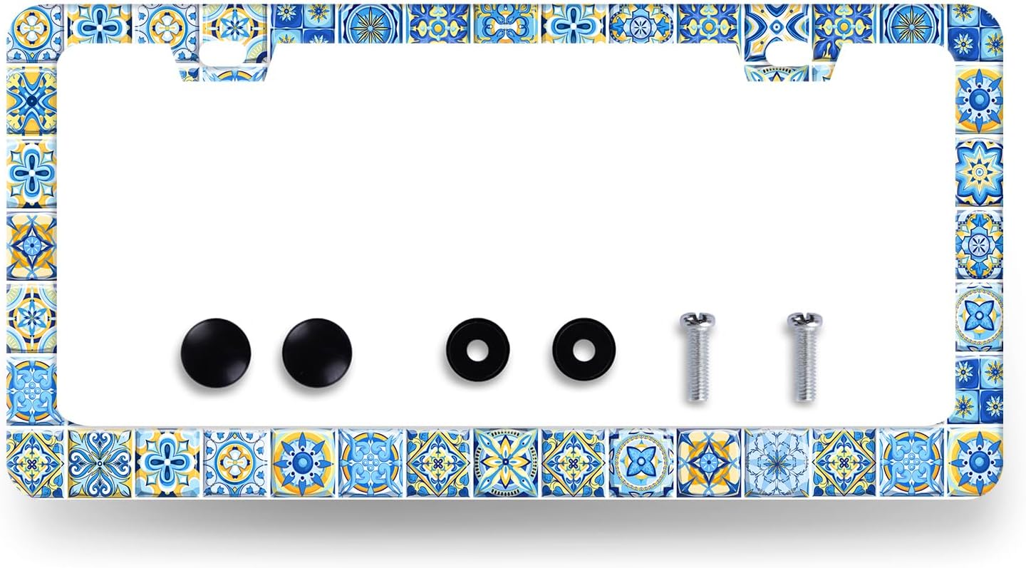 Blue White Mexican Tiles License Plate Frame Boho License Plate Holder Stainless Steel Colorful Car Accessories Decoration 6.3"X12.3" with 2 Holes Screws