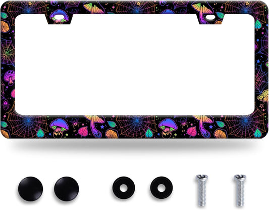 Hippie Mushroom License Plate Frame Mushrooms License Plate Stainless Steel Funny License Plate Holder Colorful Car Accessory with Screws Car Decoration 12.3" x 6.3" for Men Women