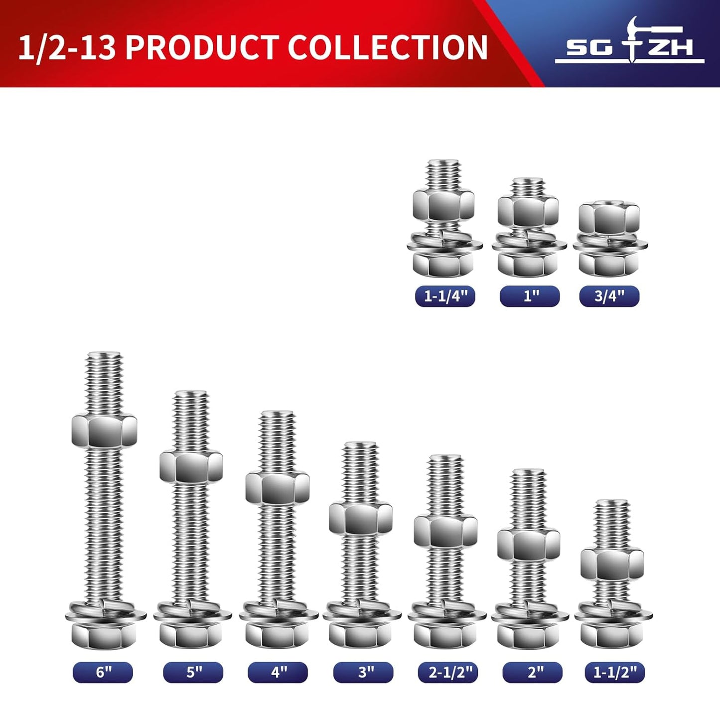 1/2-13 x 5" Hex Head Screw Bolt, Nuts, Flat & Lock Washers, 20Pcs 18-8 (304) Stainless Steel, Fully Threaded, by SG TZH