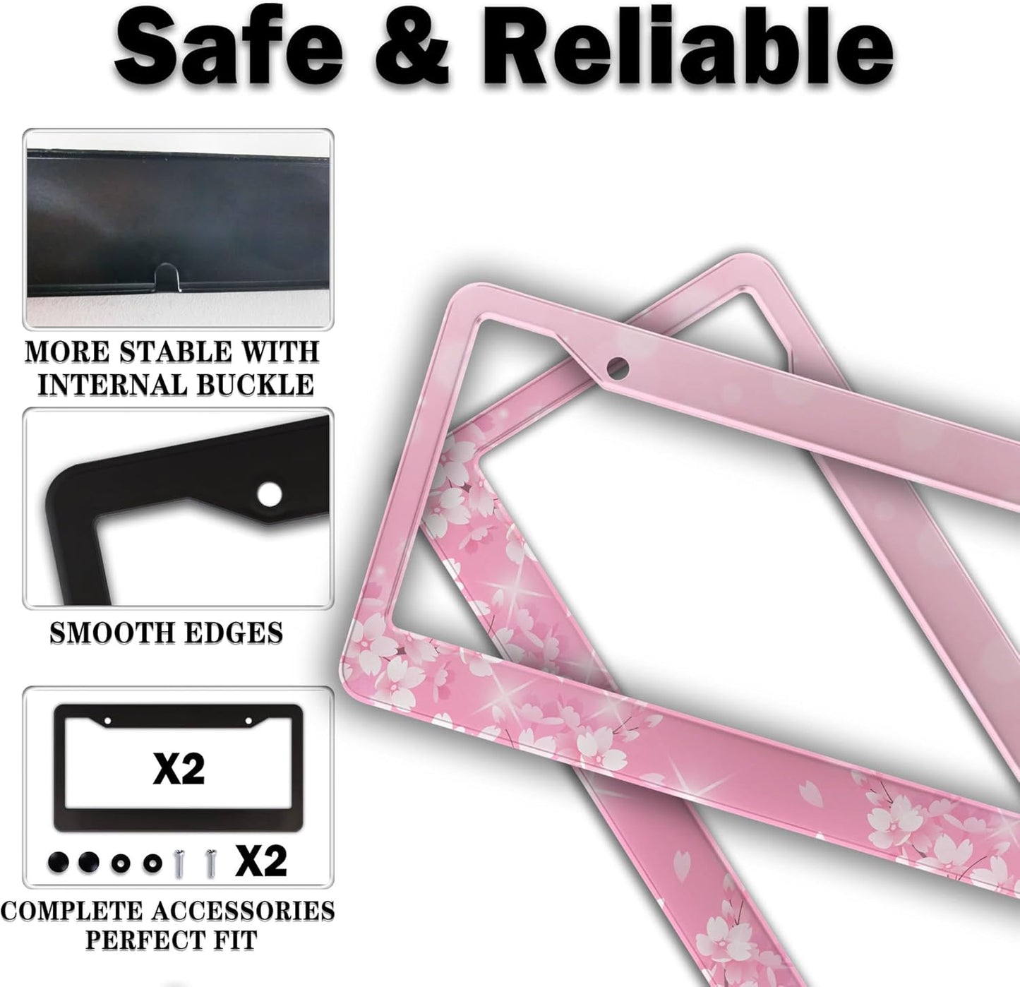 License Plate Frames for Girl Pink License Plate Cover for Women for Men Pink Floral Women Aluminum Metal Car Accessory 2 Pack with Screw Covers Set