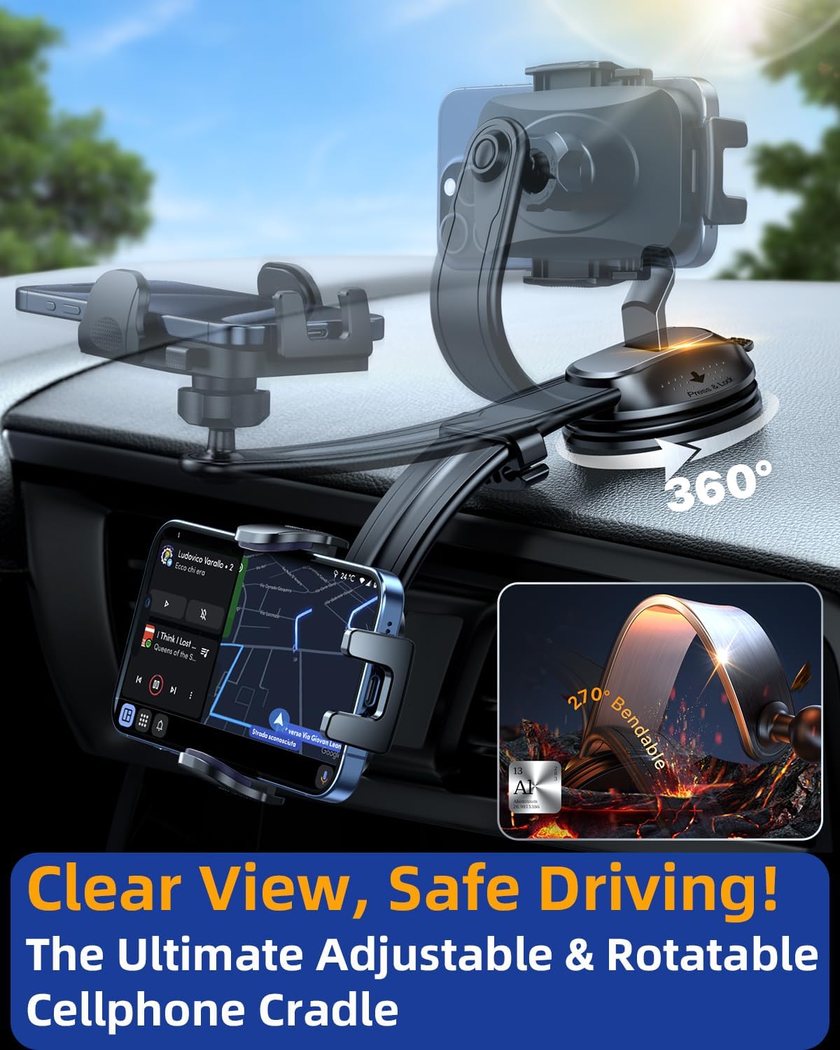 YRU [2025 Ultimate Car Phone Holder Mount [Bendable & Adjustable Aluminum Arm] Cell Phone Holder for Car Dashboard Windshield Phone Stand for iPhone 16 15 14 13 Pro Max Samsung Pickup Truck, Black