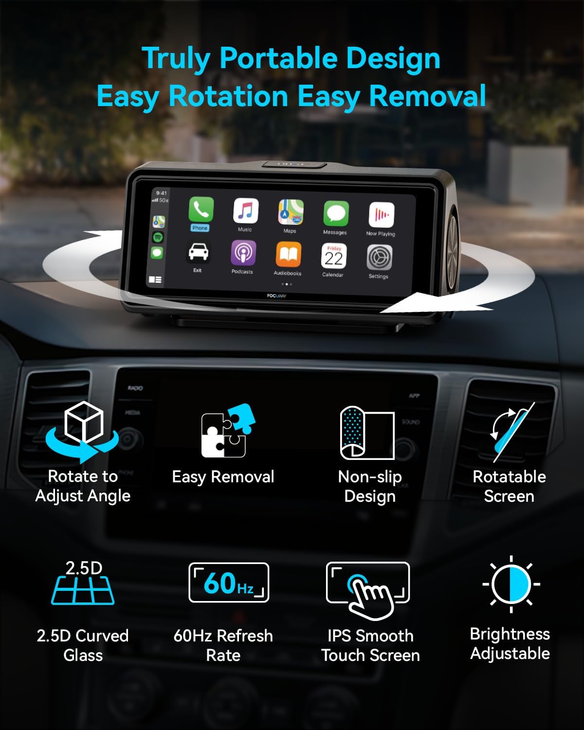 Portable Apple Carplay Screen for Car, Touch Screen with Wireless Android Auto, Car Audio Receivers with Voice Control, Mirror Link, Music Play, GPS Navigation, Built-in Customized Speakers (Black)