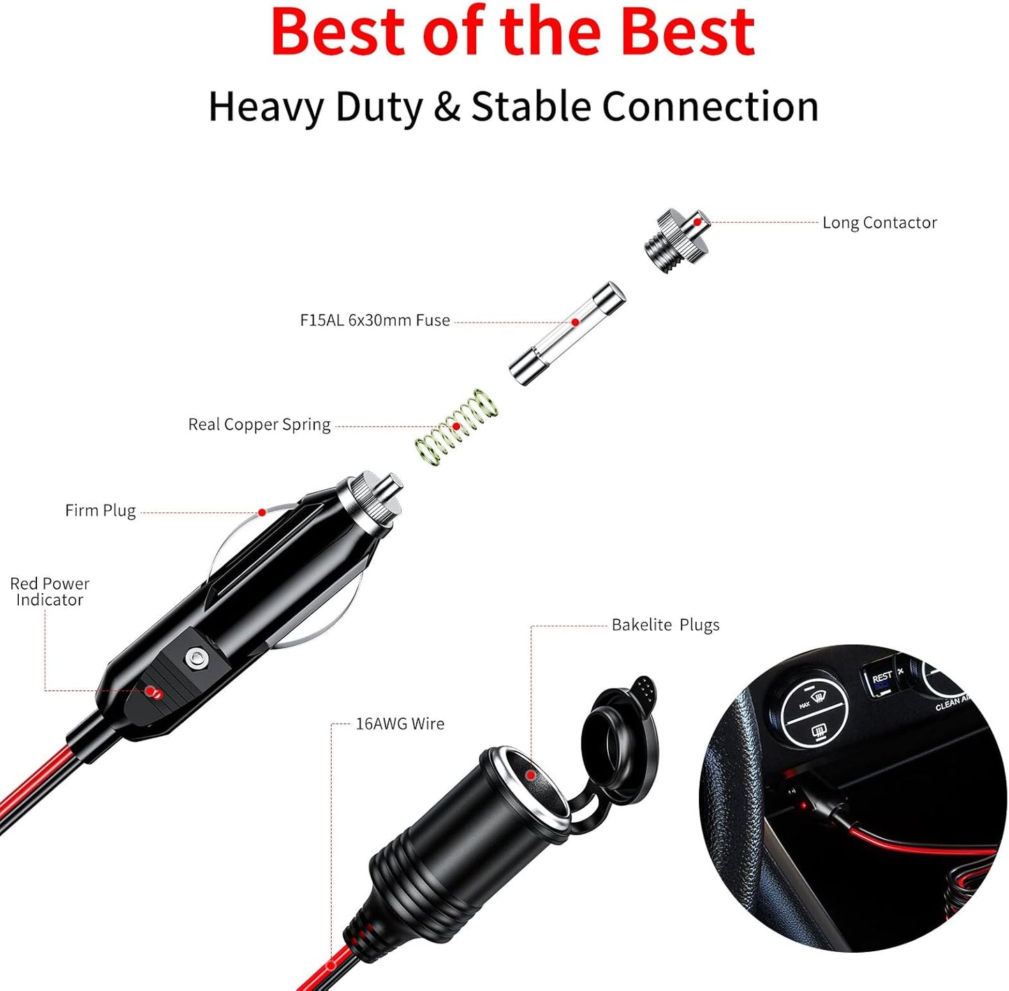 KEWIG 12/24V Car Cigarette Lighter Extension Cord - 26FT Cigarette Lighter Plug Cable- 16AWG Heavy Duty Extension Cable with 15A Fuse and LED Indicator