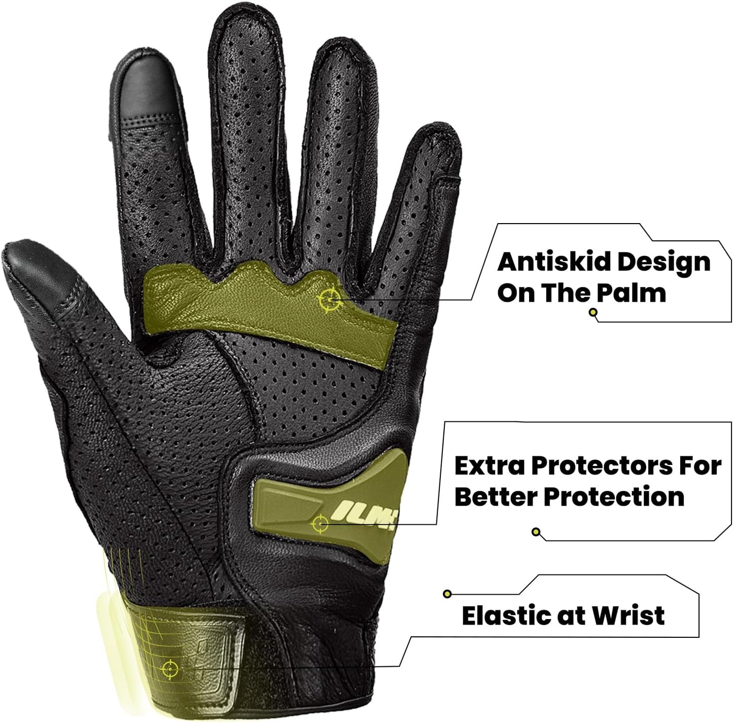 ILM Goatskin Leather Motorcycle Motorbike Powersports Racing Gloves Touchscreen for Men and Women Model DN01(S, Black Perforated)