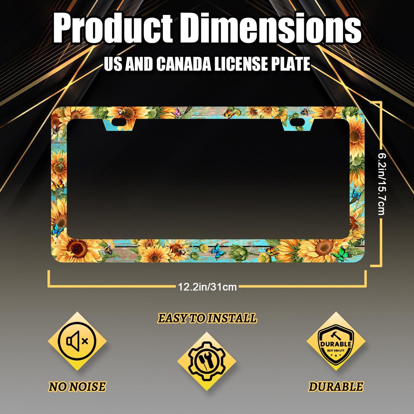 Butterfly Sunflower License Plate Frame Wooden Board Flowers Animals License Plate Holder Stainless Steel Front and Rear Car Tags Auto Parts Colorful License Plate Decoration with Screws 12.2" x 6.2"