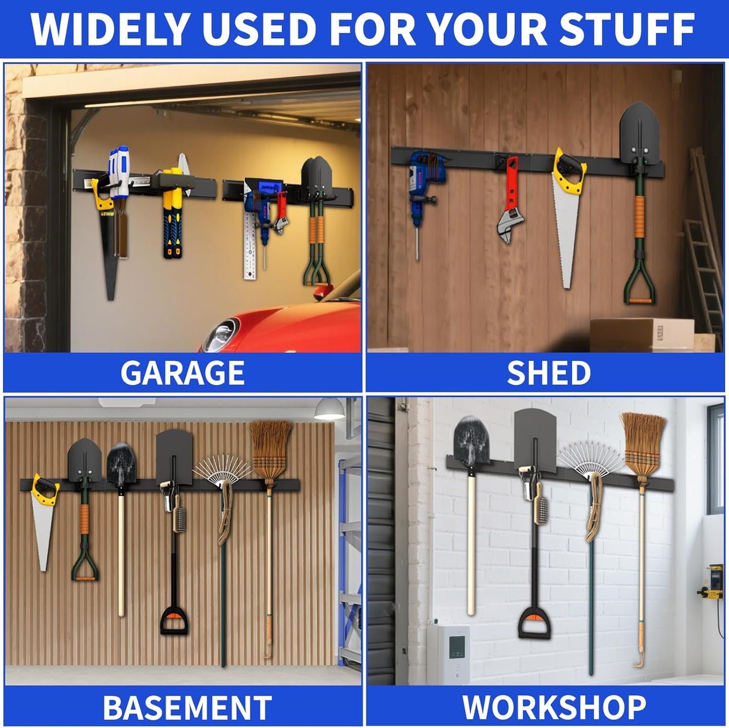 Garage Organization Tool Organizer Wall Mount, 48inch Heavy Duty Garden Tool organizer Storage System, Easy Install With 6 Adjustable Straight Hooks, For Garage, Basement, Shed, Workshop(Black)