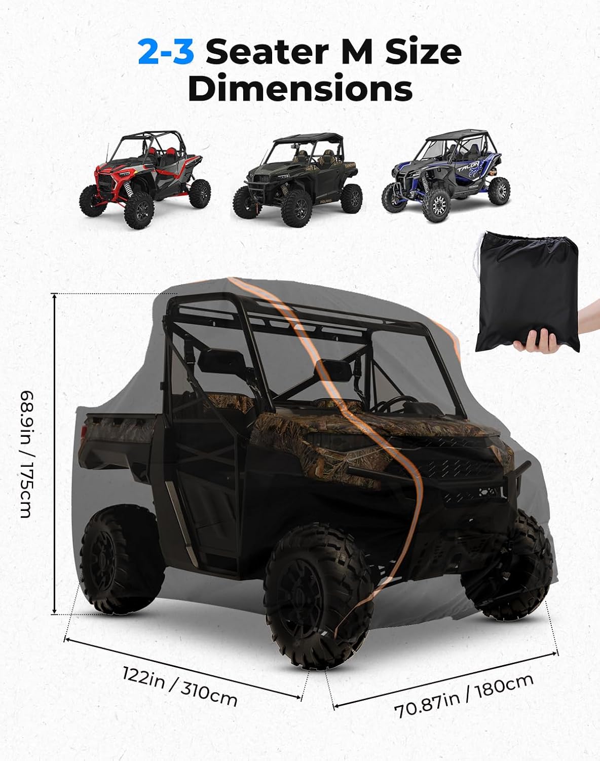 KEMIMOTO UTV Cover 2 Seater Heavy Duty Medium Size Compatible with Polaris RZR General, Can-Am Maverick, Talon, Teryx, Zforce, Viking, YXZ SXS Cover 2-3 Seater with Reflective Strip Sturdy in Wind