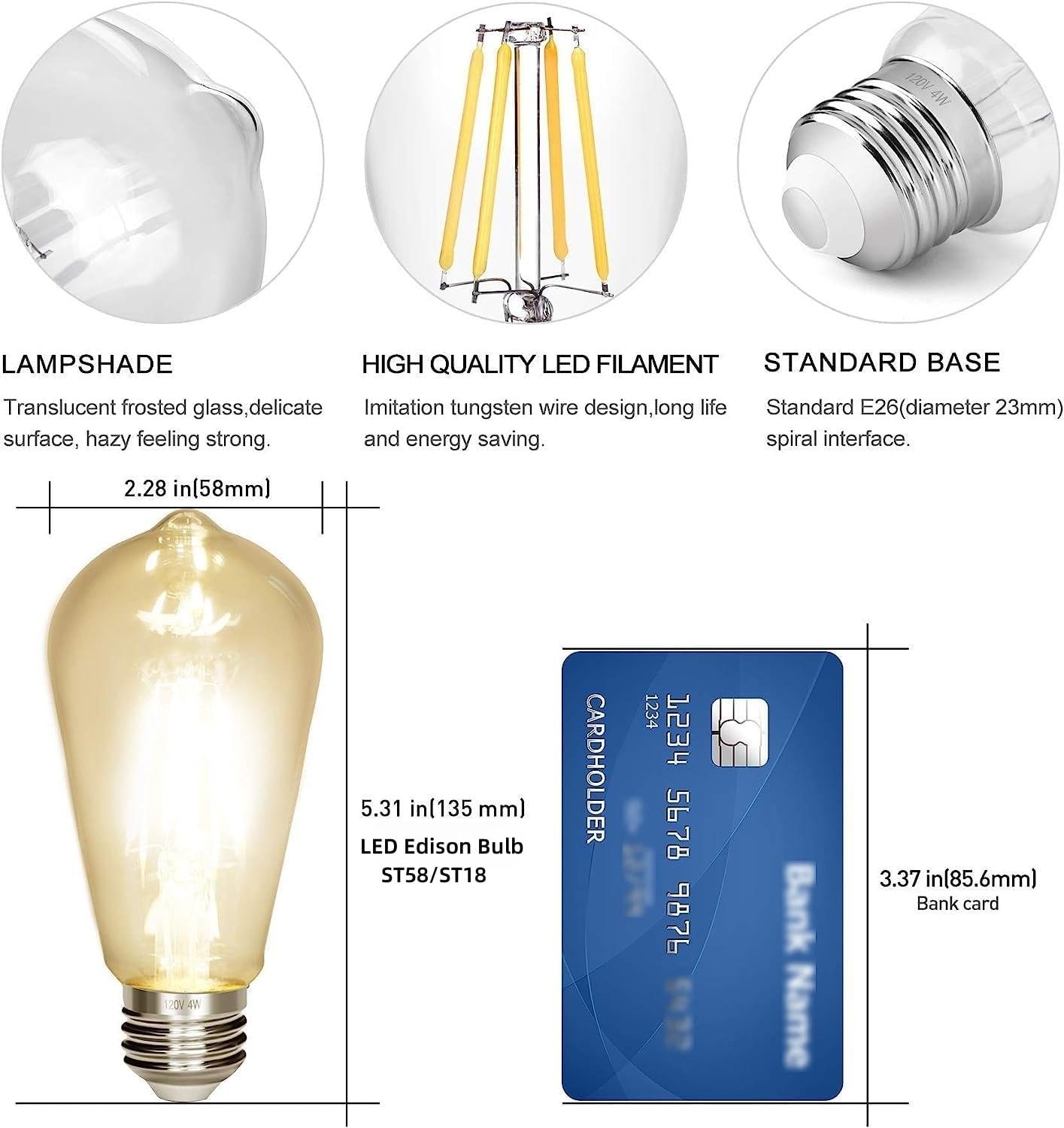 LED Edison Bulb 4W,Antique 40W Vintage Edison Bulb,E26 Light Bulb Non Dimmable Led Bulb 450 Lumens 2300K Amber Warm,Pack of 6