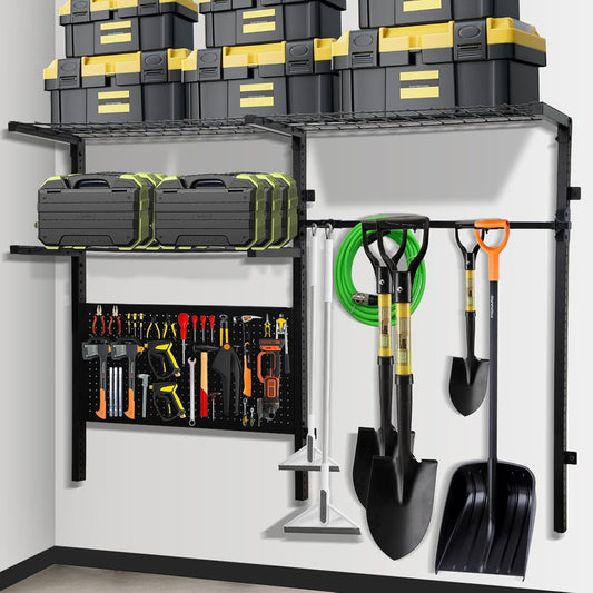 Garage Shelf Wall Mounted with Pegboard Heavy Duty Garage Wall Shelving with Garden Tool Rack and Hooks Garage Tool Organizer for Home Garden Yard Organization and Storage Holds 500lbs