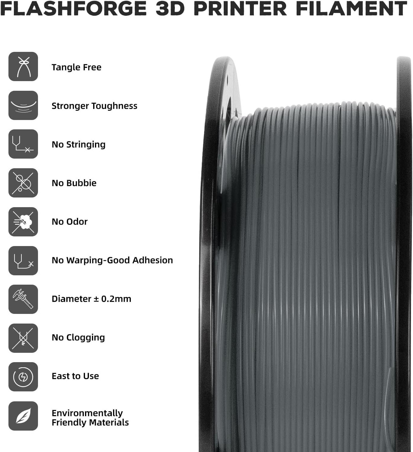 FLASHFORGE PLA Filament 1.75mm, 3D Printer Filament 1kg (2.2lbs) Spool, Dimensional Accuracy +/- 0.02mm, 3D Printing Filament Easy to Use and Fits for Most FDM 3D Printers (Grey)