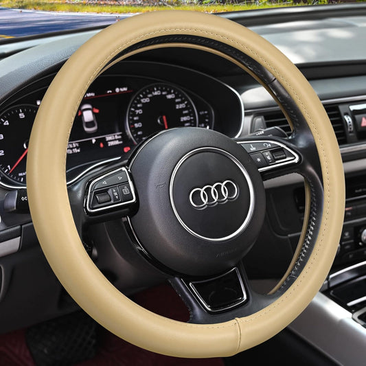 Haokay Heavy Duty Pure Cowhide Steering Wheel Cover SUV Car, Beige Genuine Leather Steering Wheel Cover Men Women Universal 14.5 to 15 Inch