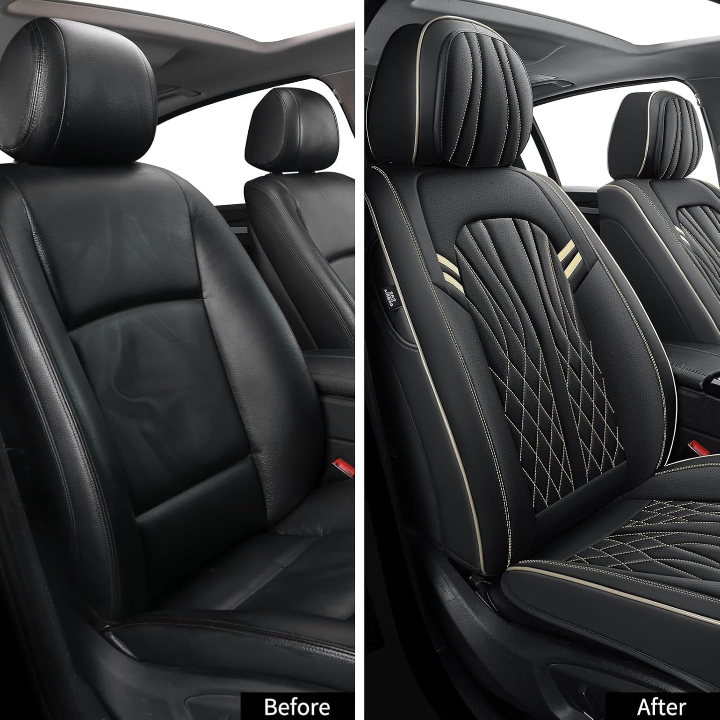 Seat Covers for Cars, Waterproof Seat Covers, Leather Car Seat Covers 2 Pack, Universal Seat Cushion Protector for Most Cars Black&Beige Line