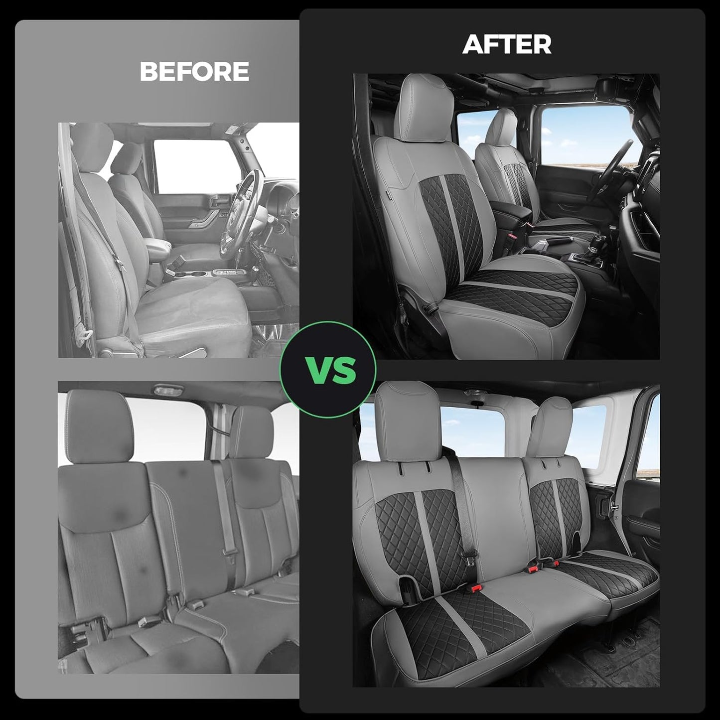 for Jeep Wrangler Seat Covers 4Door JK 2013 2014 2015 2016 2017, Custom Fit Car Seat Cover Full Set, Luxury Leather Seat Protectors, Waterproof SUV Interior Cushions Accessories, Gray Black