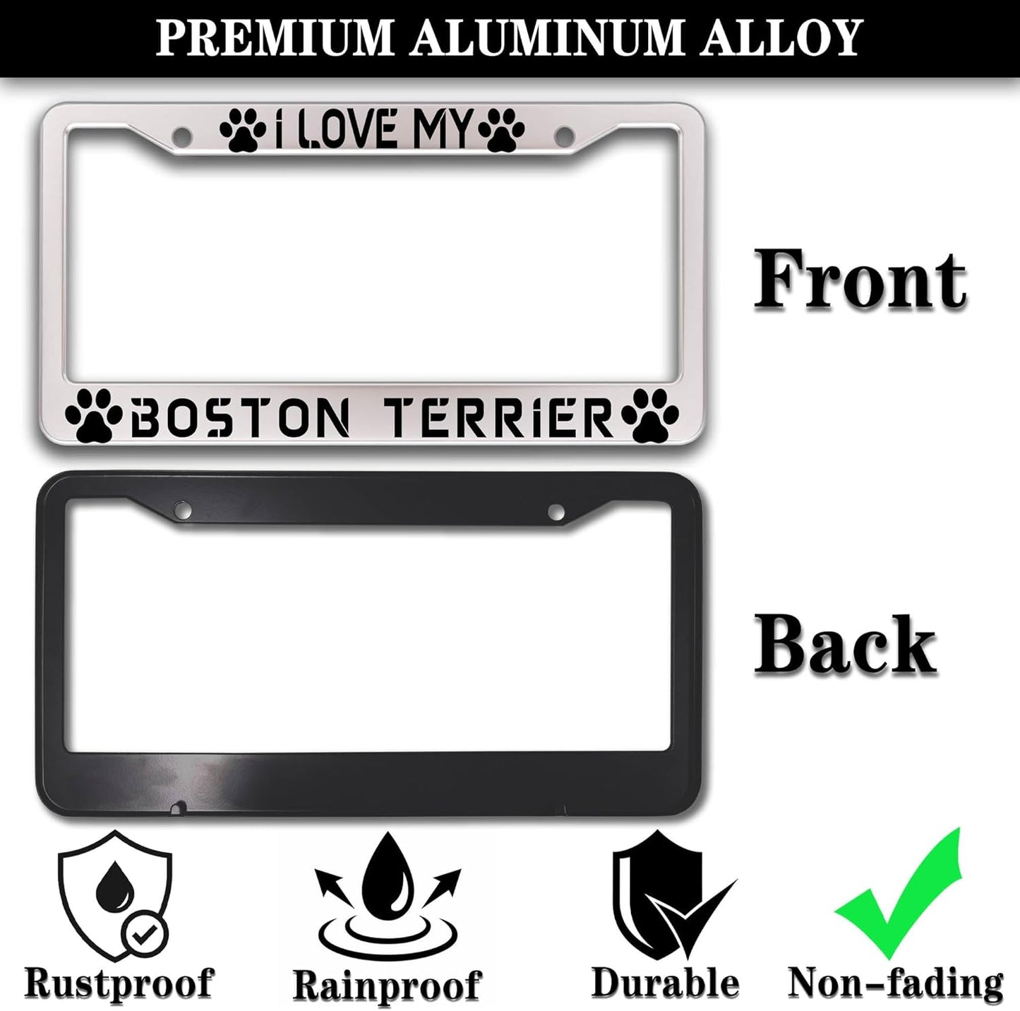 License Plate Holder Black and White License Plate Frames I Love My Boston Terrier Aluminum Metal Car Accessory 2 Pack with Screw Covers Set