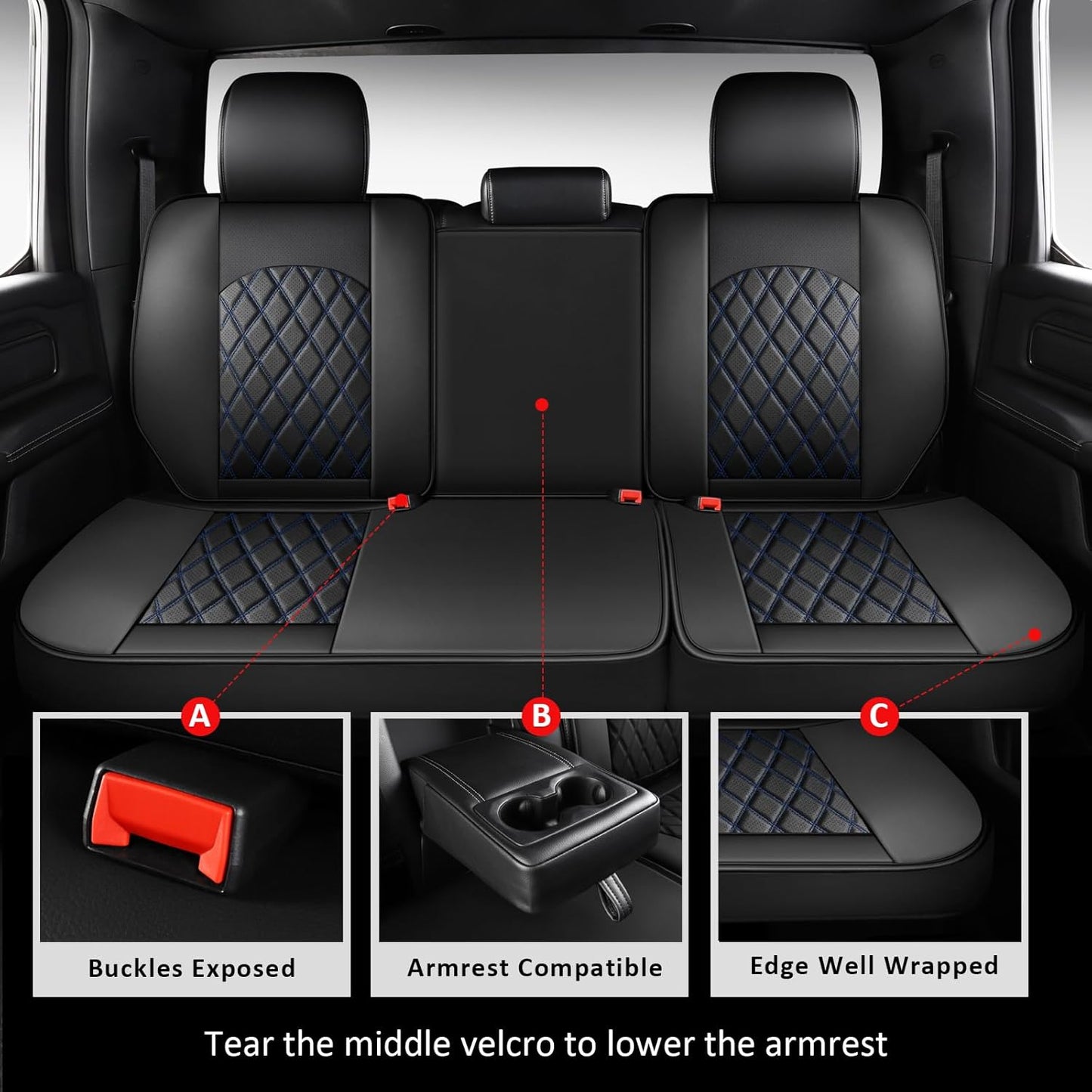 MIROZO Dodge Ram Seat Covers,Waterproof Truck Seat Covers Fits for 2009-2025 Ram 1500 2500 3500 Crew Quad Regular Cab Pickup Cushions with Split Bench 40/60(Black and Blue,Full Set Flat Back)