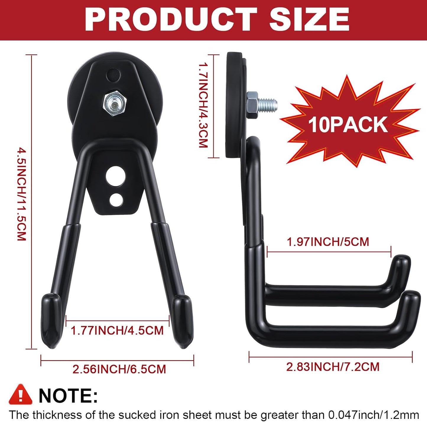 Landhoow Large Magnetic Hooks Heavy Duty Garage Magnet Hooks Strong Storage Utility Magnetic Hangers with Anti Slip Rubber Coating for Indoor and Outdoor Hanging(Black,10 Pcs)