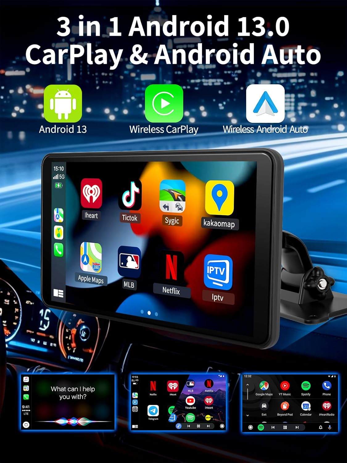 Android Carplay Screen for Car, 7 Inch with 4 Core and 2GB+32GB, Wireless Apple Carplay Android Auto Car Stereo Built-in GPS Navigation Netflix YouTube Tictok Google Play, OTA Upgrate Support