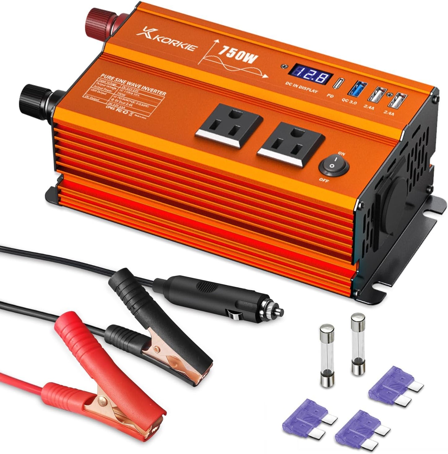 750W Pure Sine Wave Inverter, Car Power Inverter, 12V DC to 110V AC Power Converter, Emergency Power Inverter with Type-C, Dual 5.2V/2.4A USB, 3AC Outlets for Home,Camping, RV, Truck, Vehicles