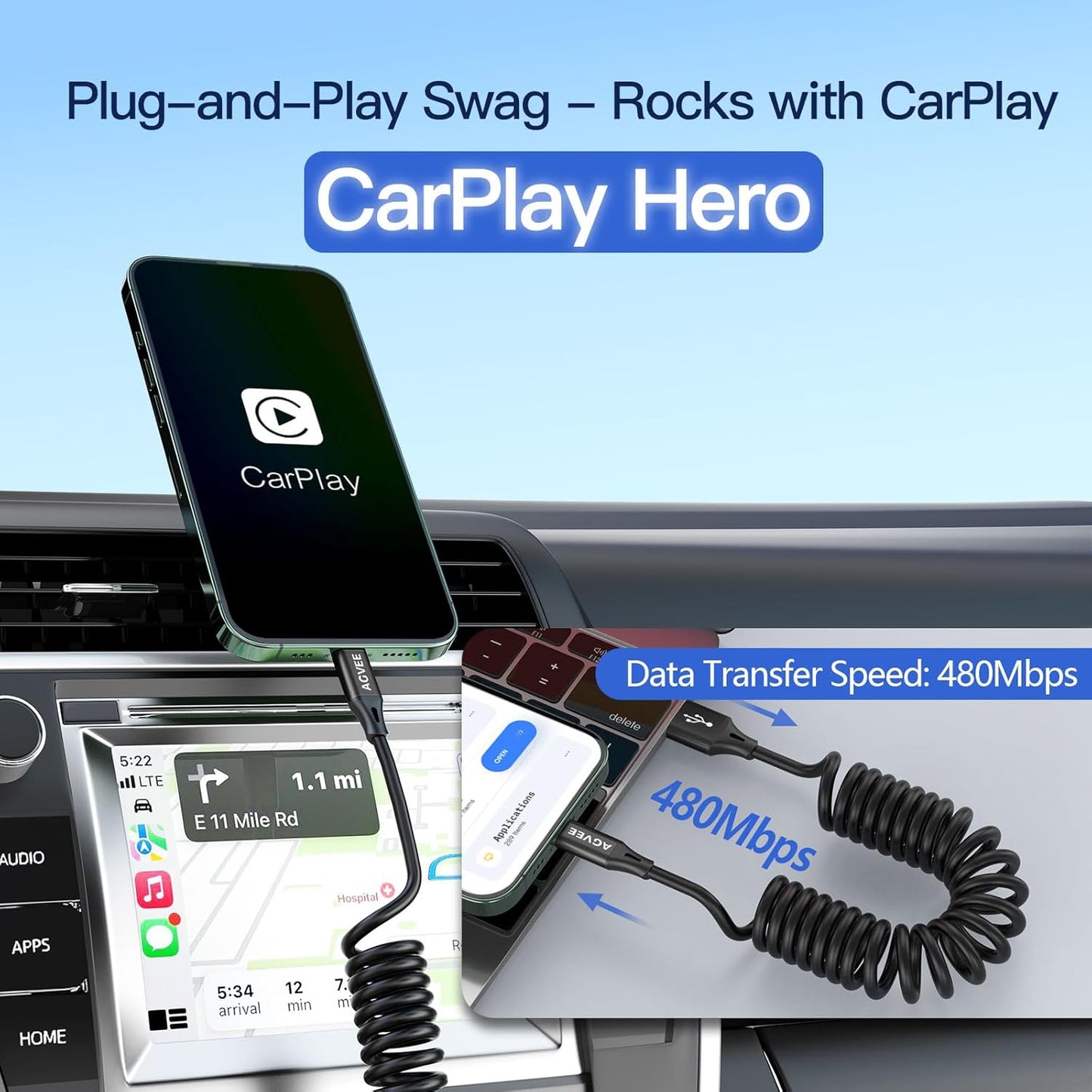 AGVEE 3ft Coiled Short USB to Lightning Charging Cable [MFI Certified] 3A Fast Charger Cord in Car for iPhone 14/13/12/11/XS/8/7/6/5 CarPlay, iPad, iPod, Black