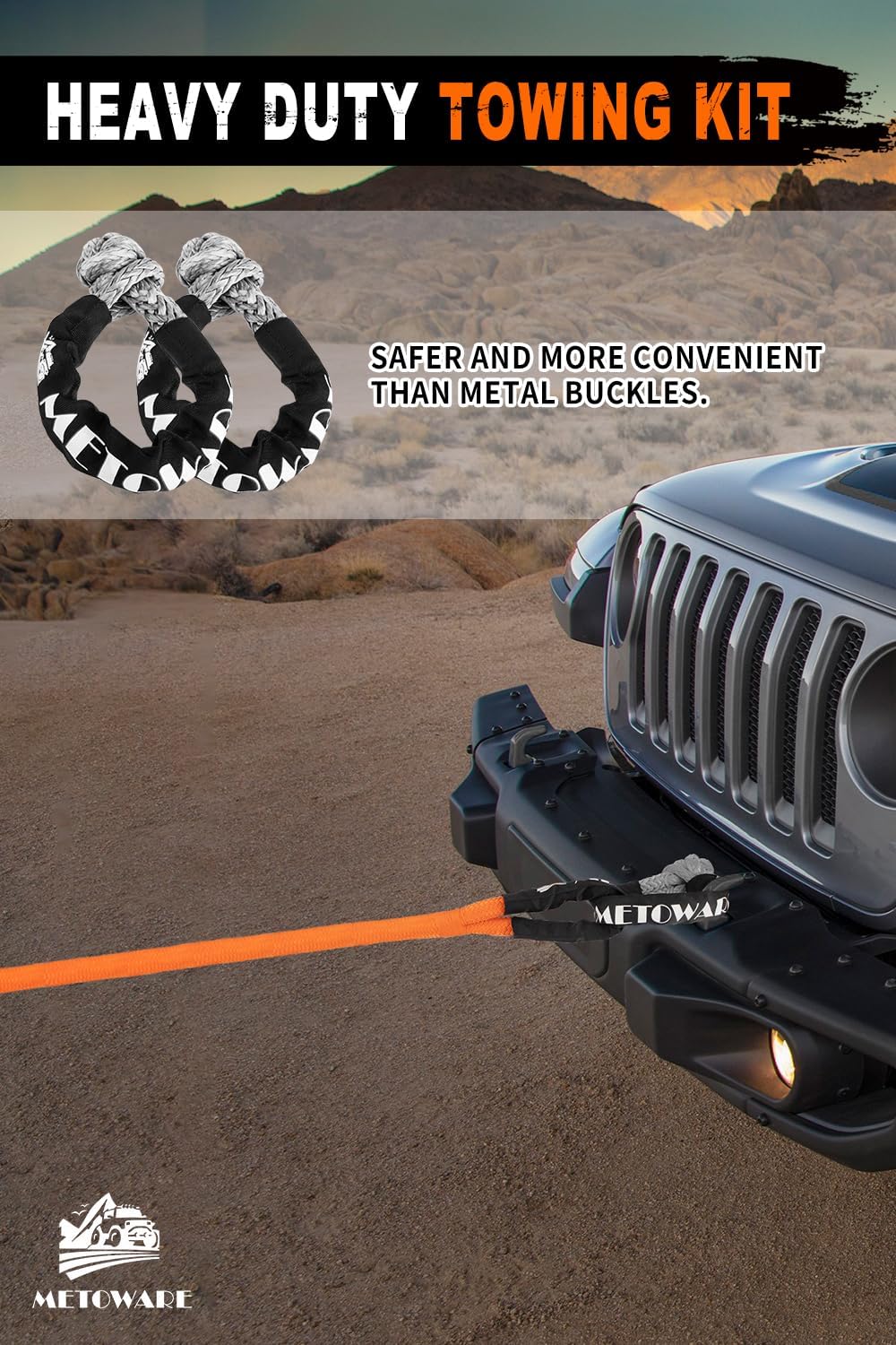 METOWARE Kinetic Recovery Rope (1.25’’ x 20ft) 56,000 LBS Heavy Duty Snatch Strap with 2pcs 1/2inch x 22 Soft Shackles, Tow Rope Offroad Recovery Kit for UTV, ATV, Truck, Car