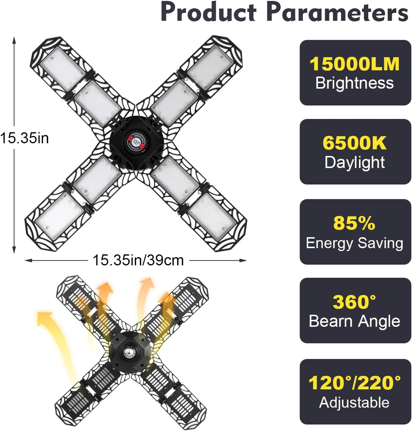 LED Garage Light,Super Bright Screw in E26/E27 Ceiling Shop Work Lamp, 200W 20000 Lumen Deformable Basement Bulb Fixture with 8 Adjustable Panels, Lighting for Workshop, Attic