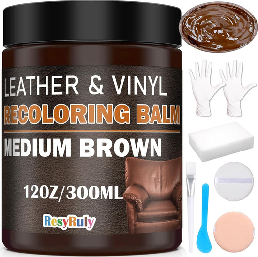 Leather Recoloring Balm Medium Brown Dye Vinyl Car Interior Leather Boat Seat Paint Furniture Couch Recliner Chair Boot Jacket Shoe Bag Purse Belt Color Restorer Fading Stain Scratch Remover Repair