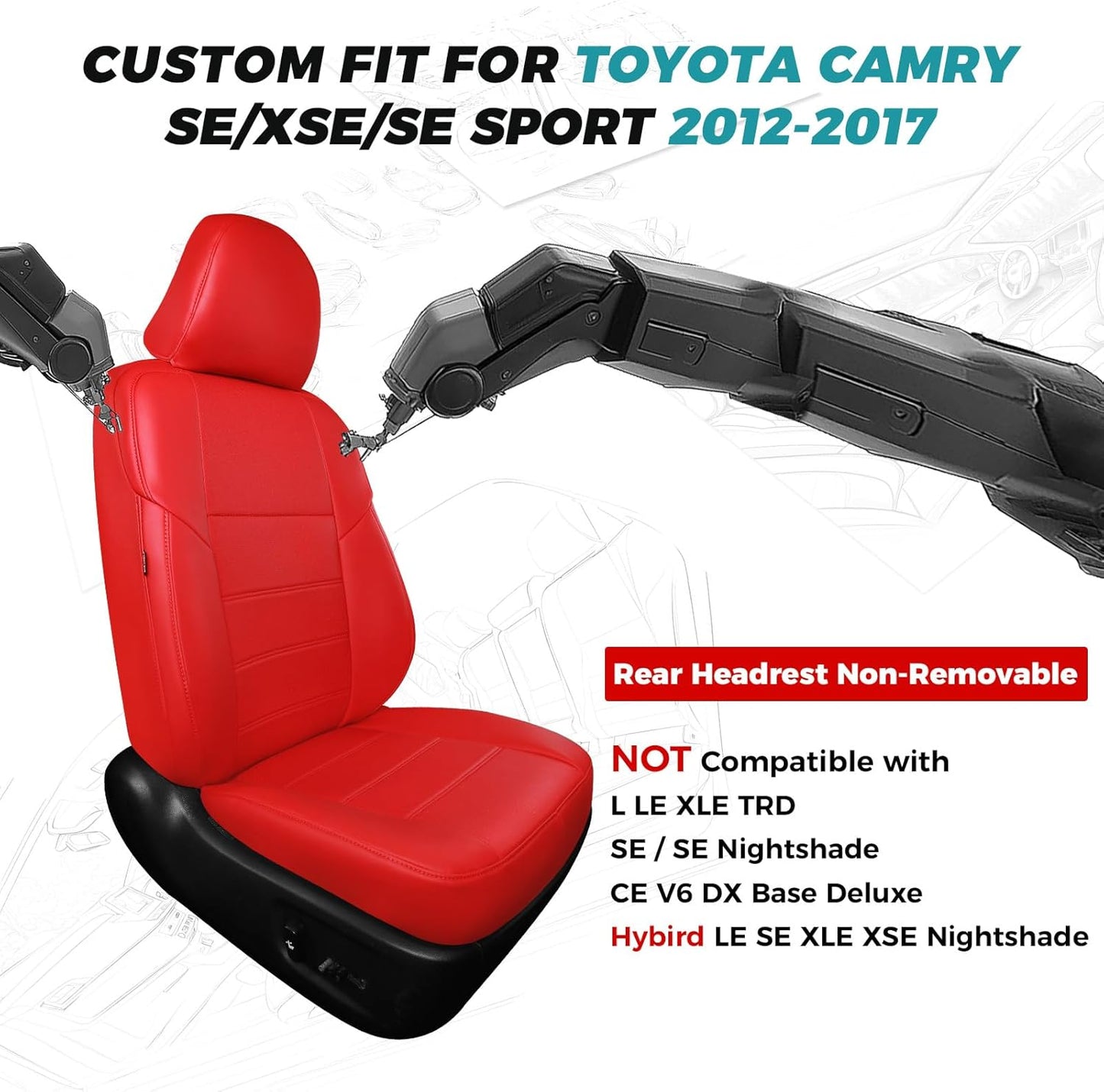 for Toyota Camry Seat Covers SE XSE SE Sport 2012 2013 2014 2015 2016 2017 - Custom Fit Car Seat Covers Full Set, Waterproof Breathable Leather Seat Covers for Cars, Red Not for Hybrid