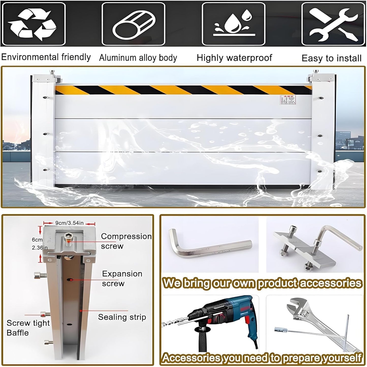 Reusable Heavy Duty Aluminum Flood Barriers for Home Exterior, Flood Protection Barriers Water Barrier Door Quick Detachable Garage Doors Detachable Mobile Rain Water Baffle ( H 23.6 inch L 2.5FT)