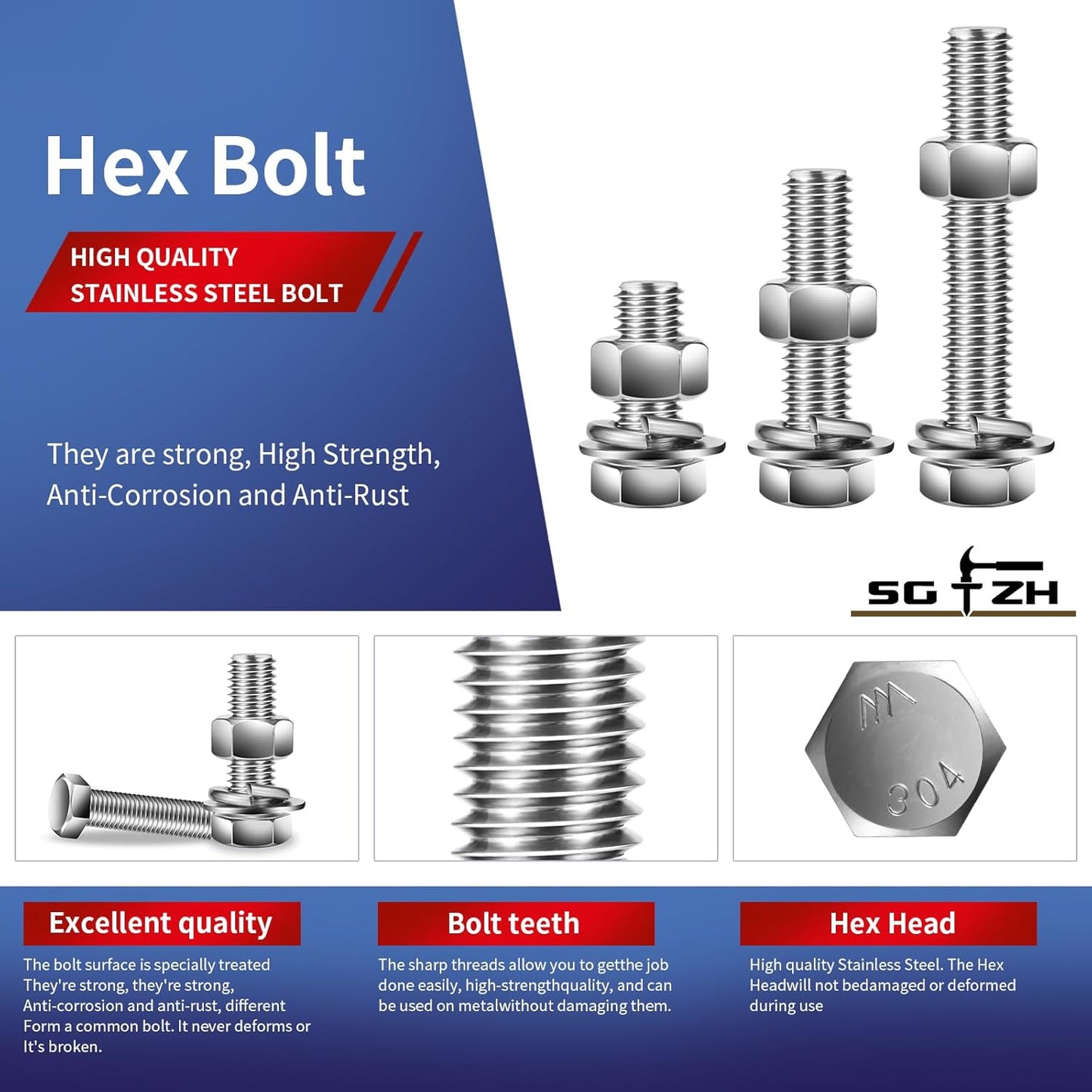 1/4-20 x 2" Hex Head Screw Bolt, Nuts, Flat & Lock Washers, 20Pcs 18-8 (304) Stainless Steel, Fully Threaded, by SG TZH