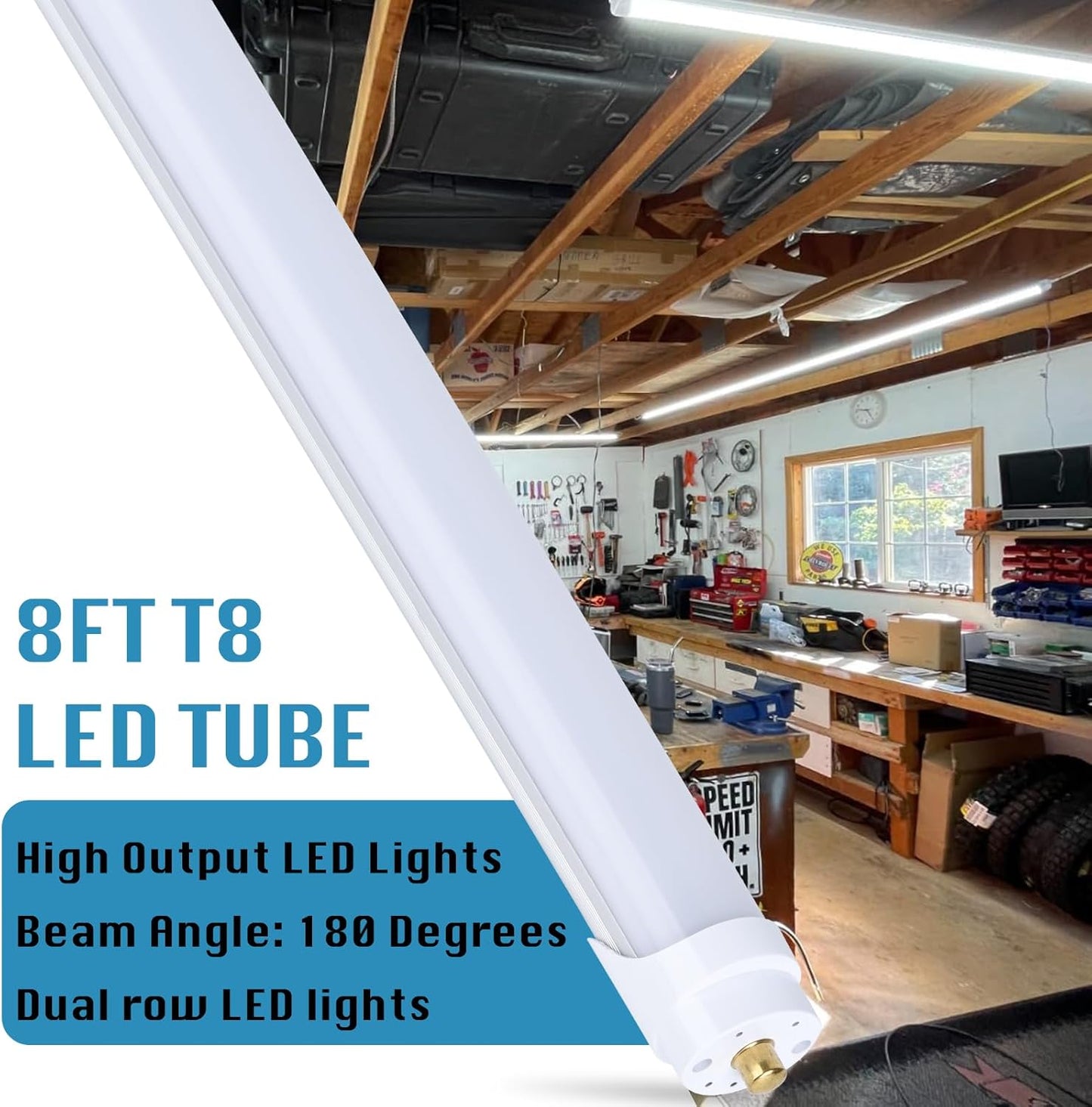 4-Pack, 8 Foot LED Bulbs, 100W 15000lm 6000K Cold White, Super Bright, T8 T10 T12 LED Tube Lights, FA8 Single Pin LED Lights, Frosted Cover, 8 Foot LED Bulbs to Replace Fluorescent Light Bulbs