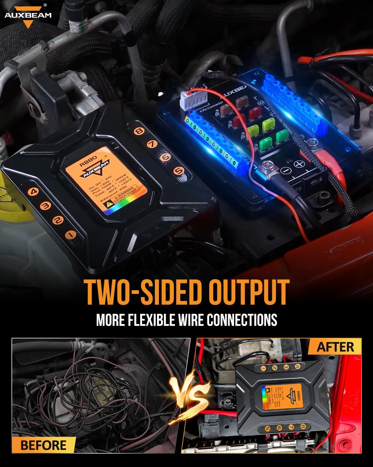 Auxbeam 8 Gang Switch Panel RB80 Toggle Momentary Pulsed RGB Dimmable Switch Panel Multifunction Panel Two Sided Output Marine Switch Panel IP65 Waterproof for Car Boat RV, 2 Years Warranty