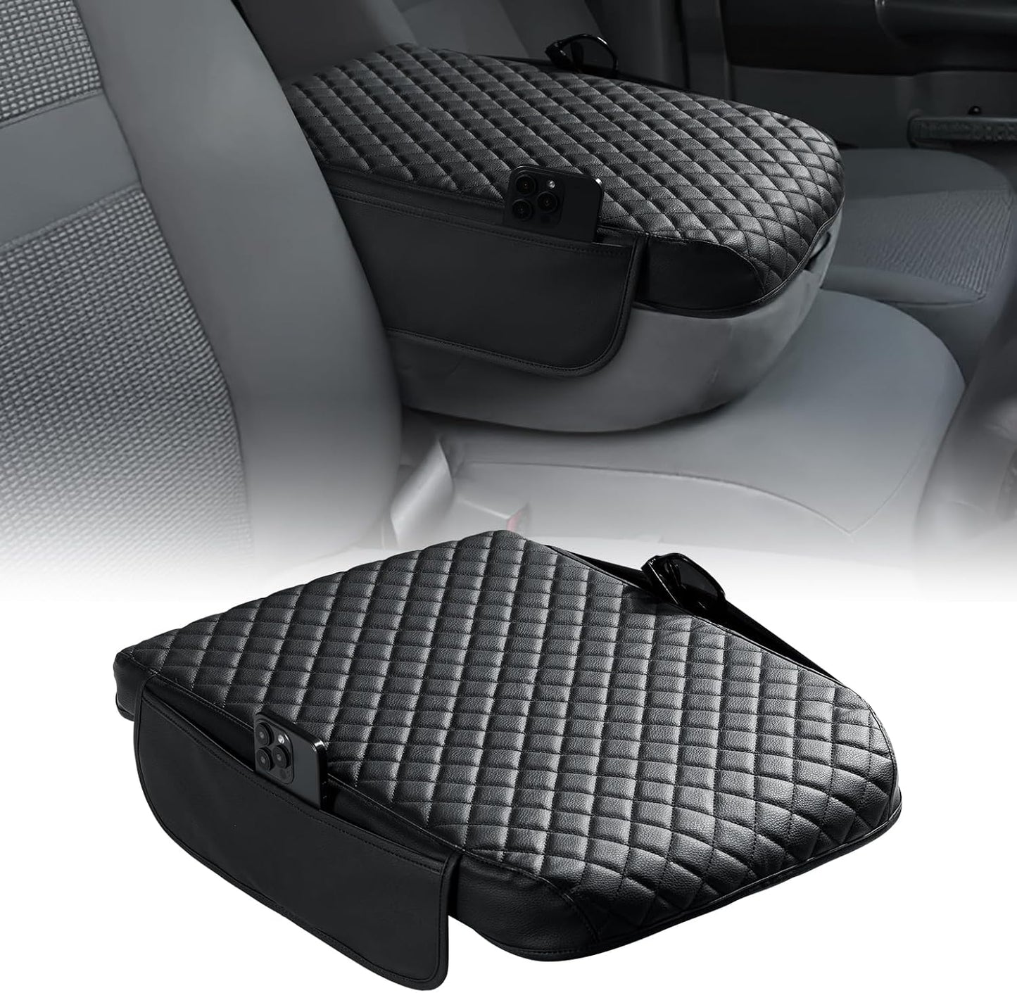 JOYTUTUS Center Console Cover Compatible with 2002-2012 Ram 1500 2500 3500 Jump Seat Console, Leather Arm Rest Armrest Cover for Car, Middle Console Cover Car Arm Rest Cover Replacement, with 2 Pocket