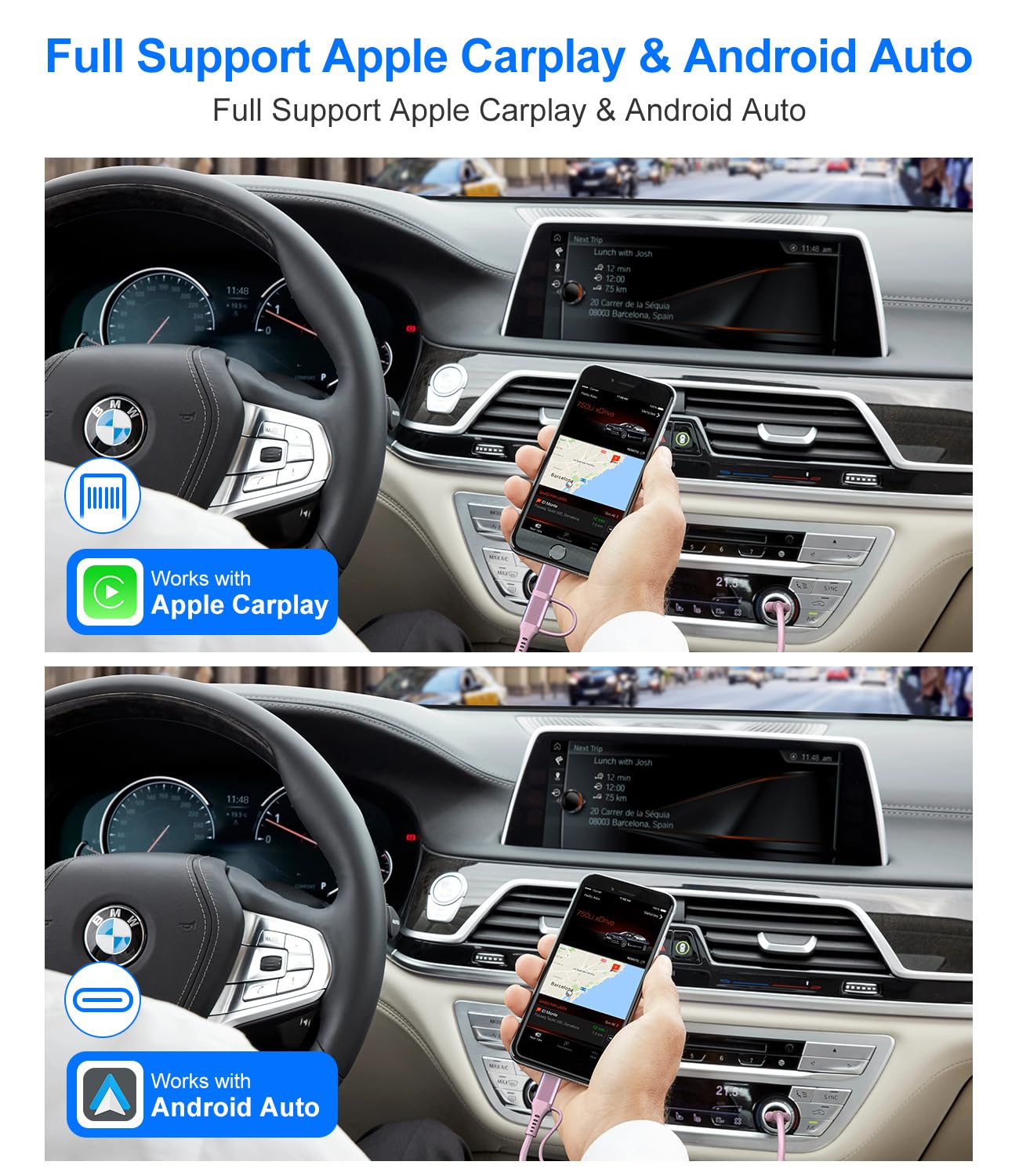 USB to USB C and Lightning Pink Car Charger Cable - Pink iPhone Charger Coiled Lightning Cable Type-C Charging Cord Support Apple Carplay & Android Auto & Data, for iPhone 16 15 14 13 12 11 Android